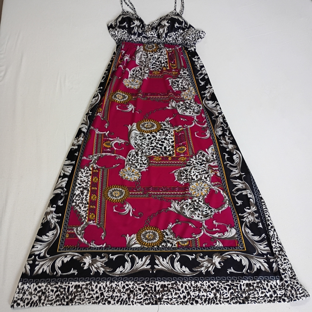 She’s Cool Pink Animal Print Graphic Border Slit Maxi Sun Dress Y2K Boho